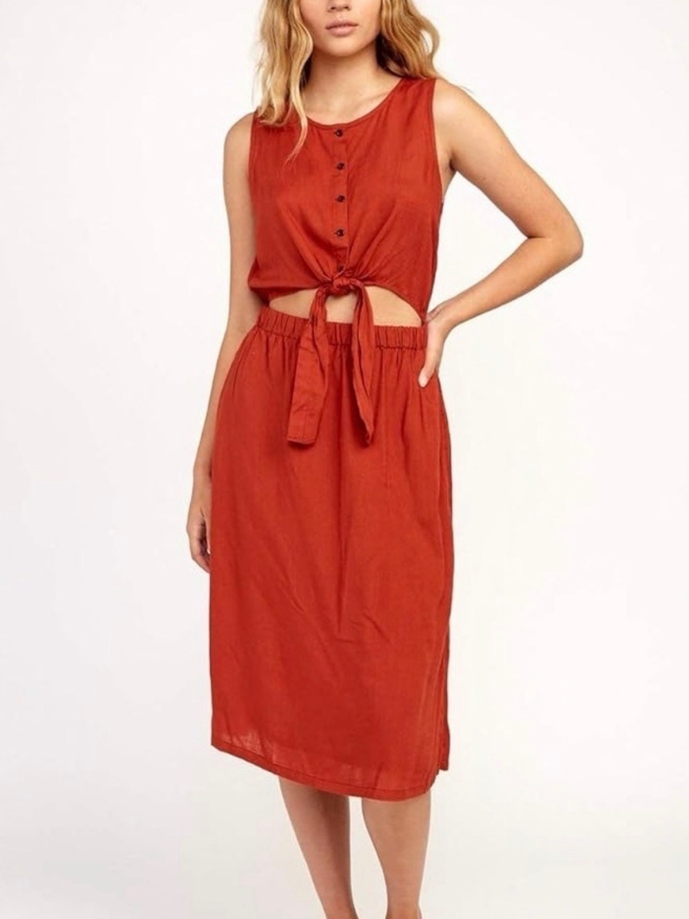 Sleeveless Tie-Front Midi Linen Dress
